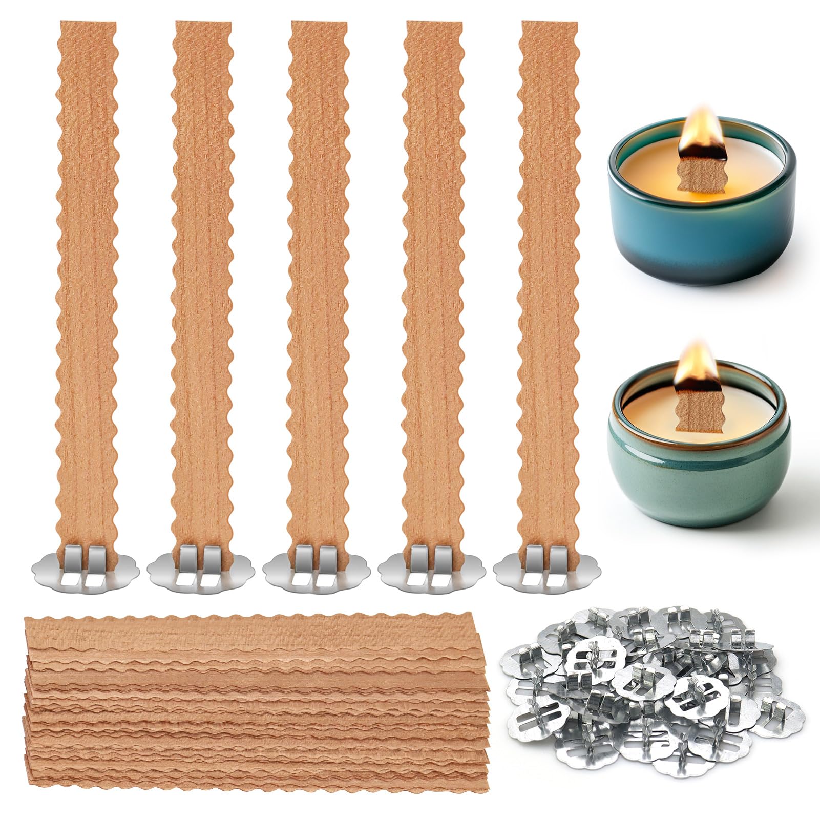 100 Pcs Wave Wooden Candle Wicks for Candles Making, Smokeless Wood Wicks with Metal Stand, for Candle DIY Craft (50 Set)