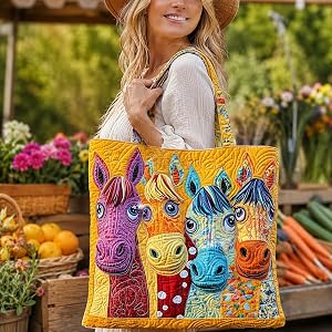 Quilted Cotton Tote Bag for Women, Vibrant Horse Pattern Shoulder Purse, Large Handmade Canvas Shopping Bag, Gift for women