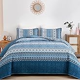 WONGS BEDDING Blue Quilt Set Twin Size, Boho Stripe Printed Bedspread Set with Pillow Shams, Bohemian Lightweight Microfiber All Season Bedding Coverlet Set(2 Pieces, Twin Size)