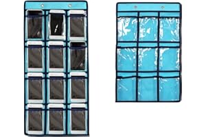 NIMES Hanging Closet Underwear Sock Jewelry Storage Over The Door Classroom Cell Phone Calculator Organizer Clear Pockets (BLUE-12 & 9 POCKETS PACK)