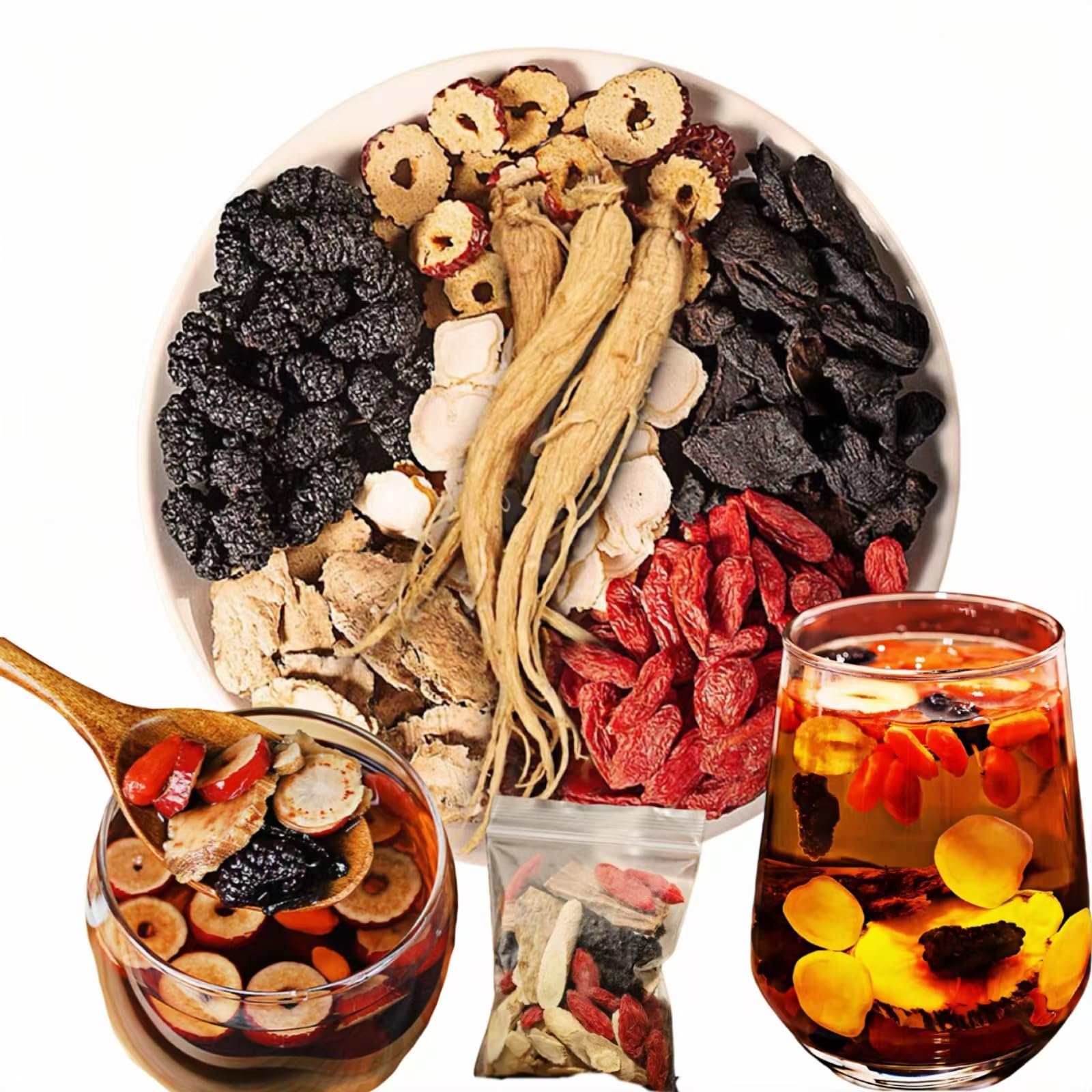 Photo 1 of 20 Pack Organic Ginseng Kidney Tea-Ginseng Six Treasure tea,Eight Natrual Herbs Blend Mulberry,Wolfberry-Traditional Chinese Herbal Kidney Tea Formula for Men & Women,100% Plant Base(300g/Bag)