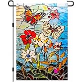 BlissYard Summer Butterfly Garden Flag Double Sided 12x18 Inch Stained Glass Butterfly Garden Flag Floral and Butterflys Sanctuary Vertical Spring Summer Flags Seasonal Yard Lawn Outdoor Decor