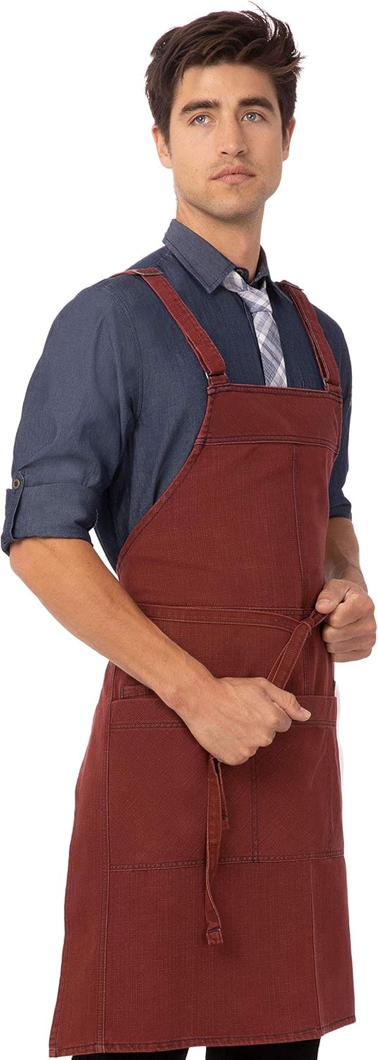 Chef Works Unisex Uptown Cross-Back Bib Apron, Red/Navy, One Size: Clothing