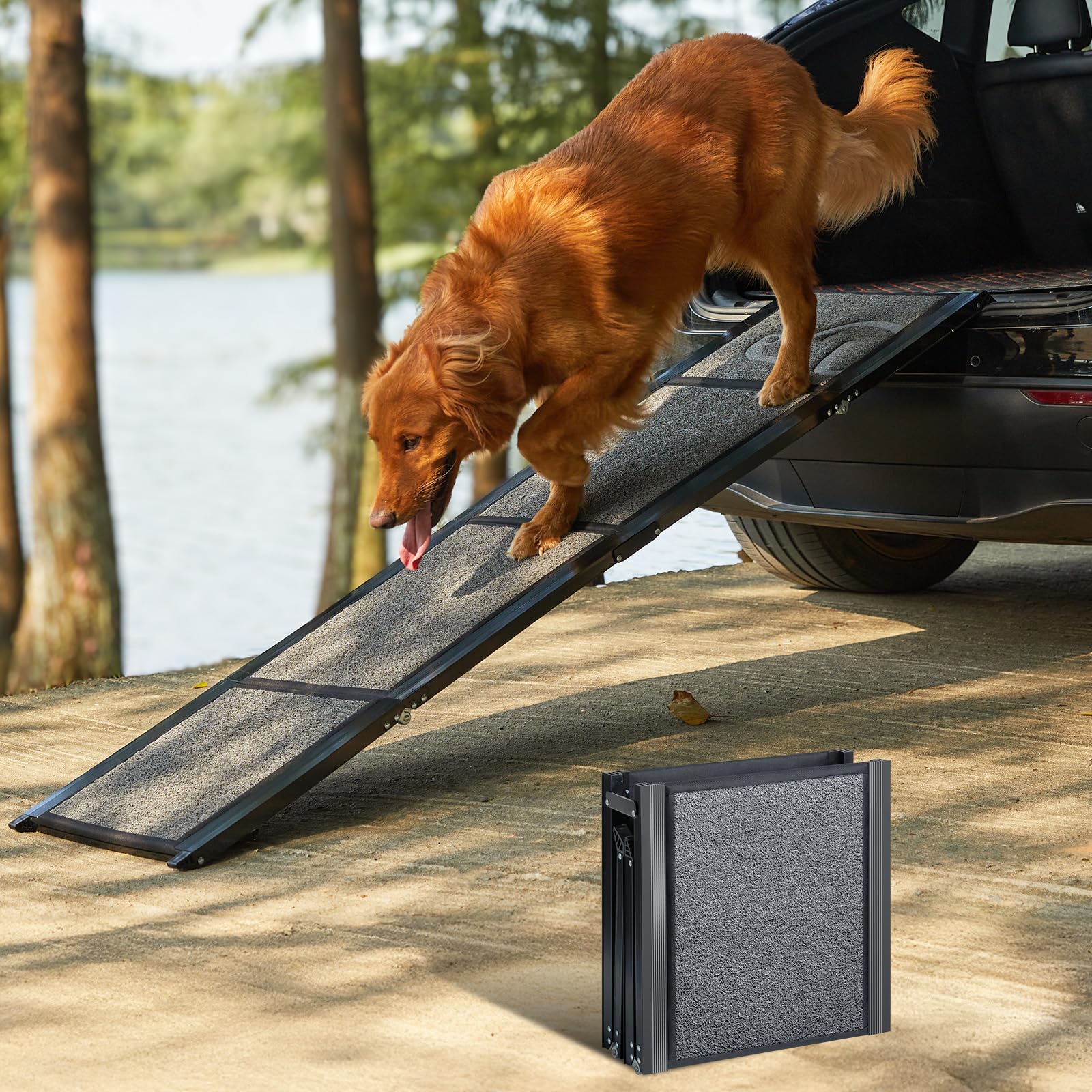 Photo 1 of *** used *** PetThem Upgraded Dog Ramp for Car 71'' X-Long & 19.7" Wider Folding Dog Ramps for Large Dogs with Non-Slip Rug Surface Portable Doggy Ramps for SUV Car & Truck, Up to 250 LBS