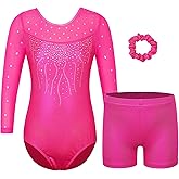 BAOHULU Gymnastics Leotard for Girls with Shorts Set 3/4 Sleeve Kids Shiny Practice Dancewear
