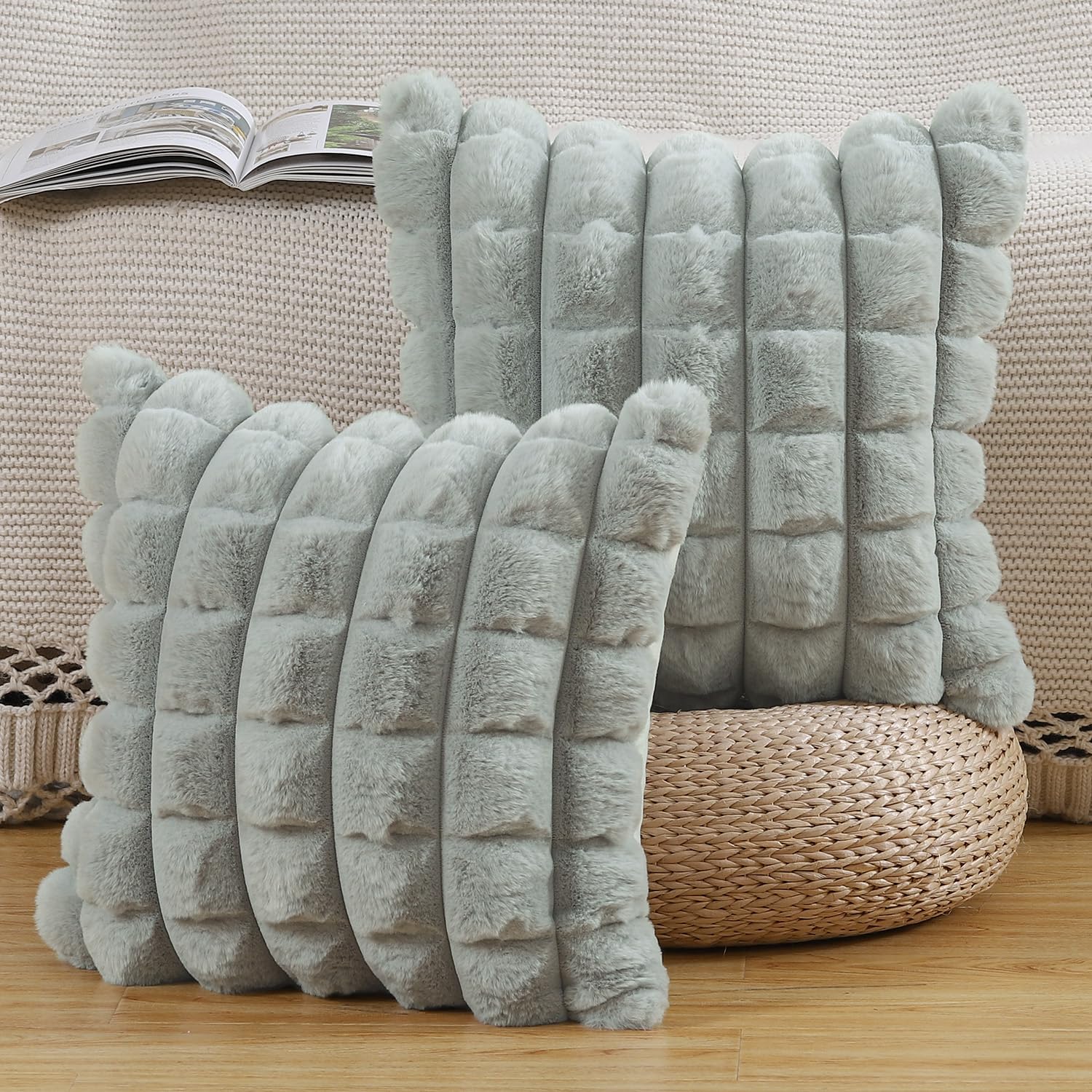 Madizz Faux Wool Light Grey Cushion Covers 22x22 inch, 55x55 cm, Set of 2 Super Soft Boho Throw Pillow Covers Decorative Textured Throw Pillows for Sofa Bedroom