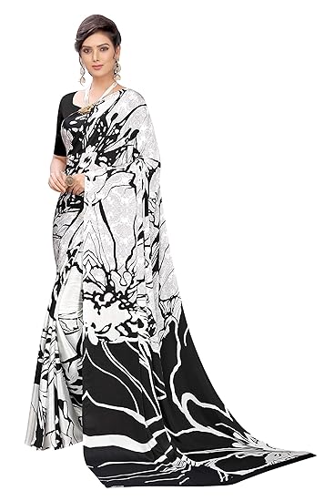 Womens Crepe Silk Printed Saree With Blouse(color-style-8719,White)