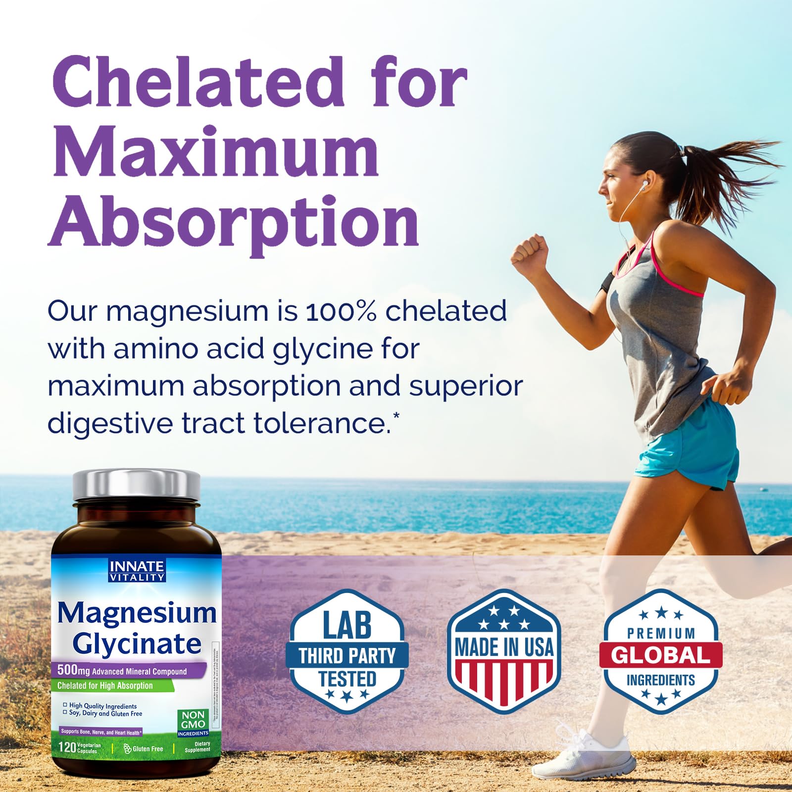 Innate Vitality Magnesium Glycinate 500mg | 70mg Elemental Magnesium Supplement- High Absorption, Non Buffered, Non-GMO & No Gluten - Nerve, Muscle, Bone Health - 120 Vegan Capsules Magnesio
