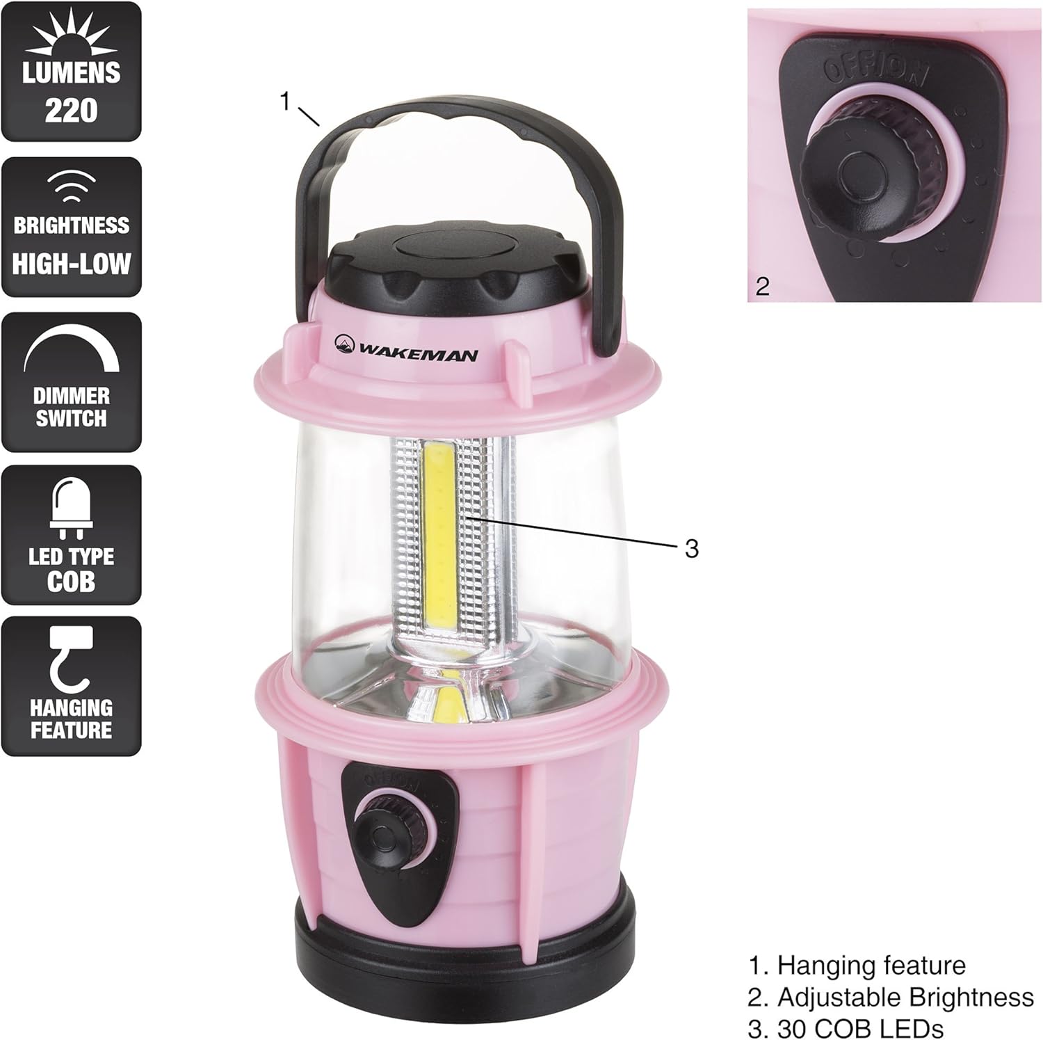 LED Lantern, Adjustable LED COB Outdoor Camping Lantern Flashlight With Dimmer Switch for Hiking, Camping and Emergency By Wakeman Outdoors (Pink): Sports & Outdoors