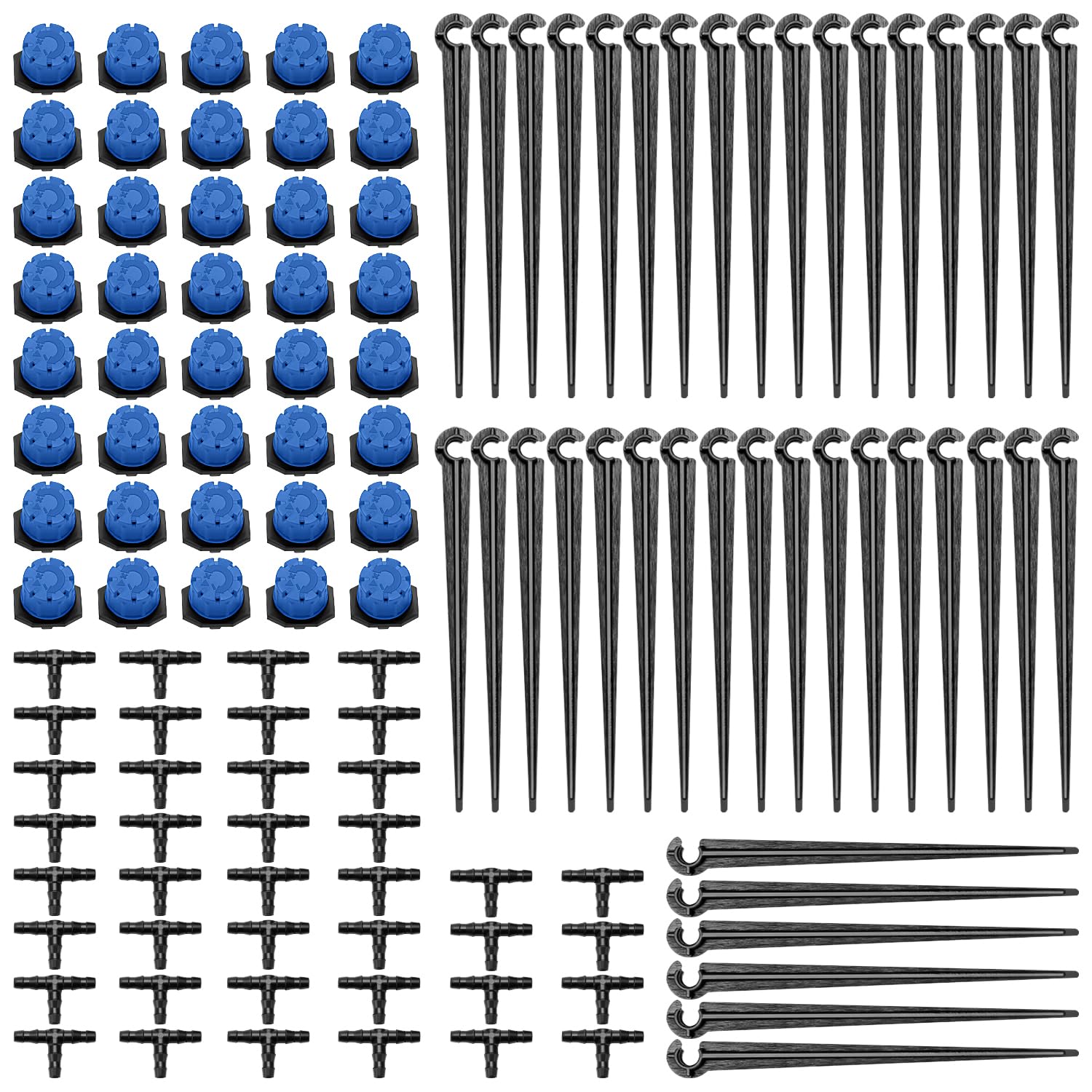 VooGenzek 120 PCS 1/4 Inch Automatic Drip Irrigation Kit, 40 Adjustable Micro Dripper + 40 Tee-Connector + 40 Drip Support Stake for 4/7mm Hose Watering System, for Garden, Lawn, Greenhouse, Blue
