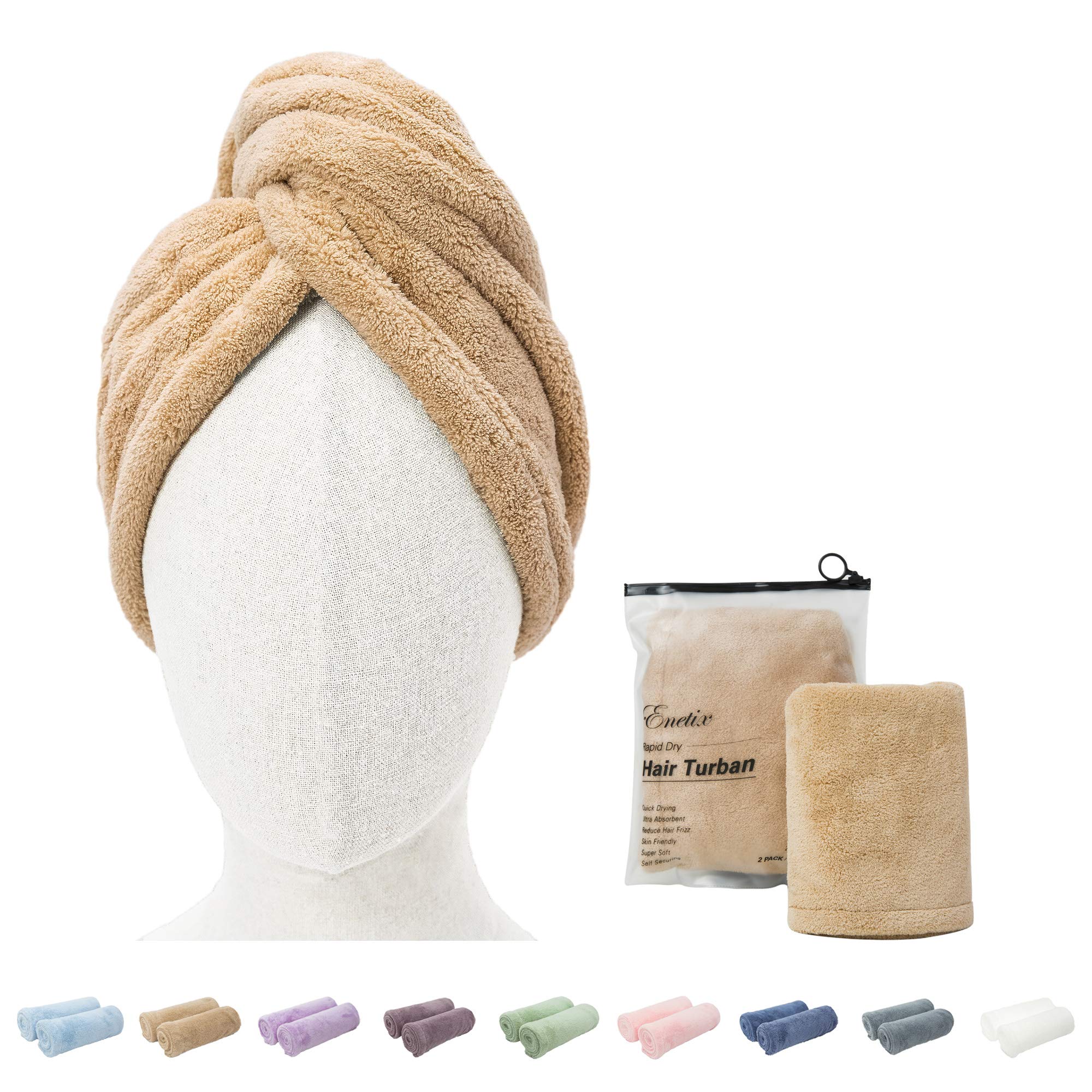ENETIX 2 Pack Microfiber Hair Drying Towel Wrap for Women, 25 × 70cm Super Absorbent Anti-Frizz Hair Turban, Rapid Dry Hair Towels with Button, Khaki