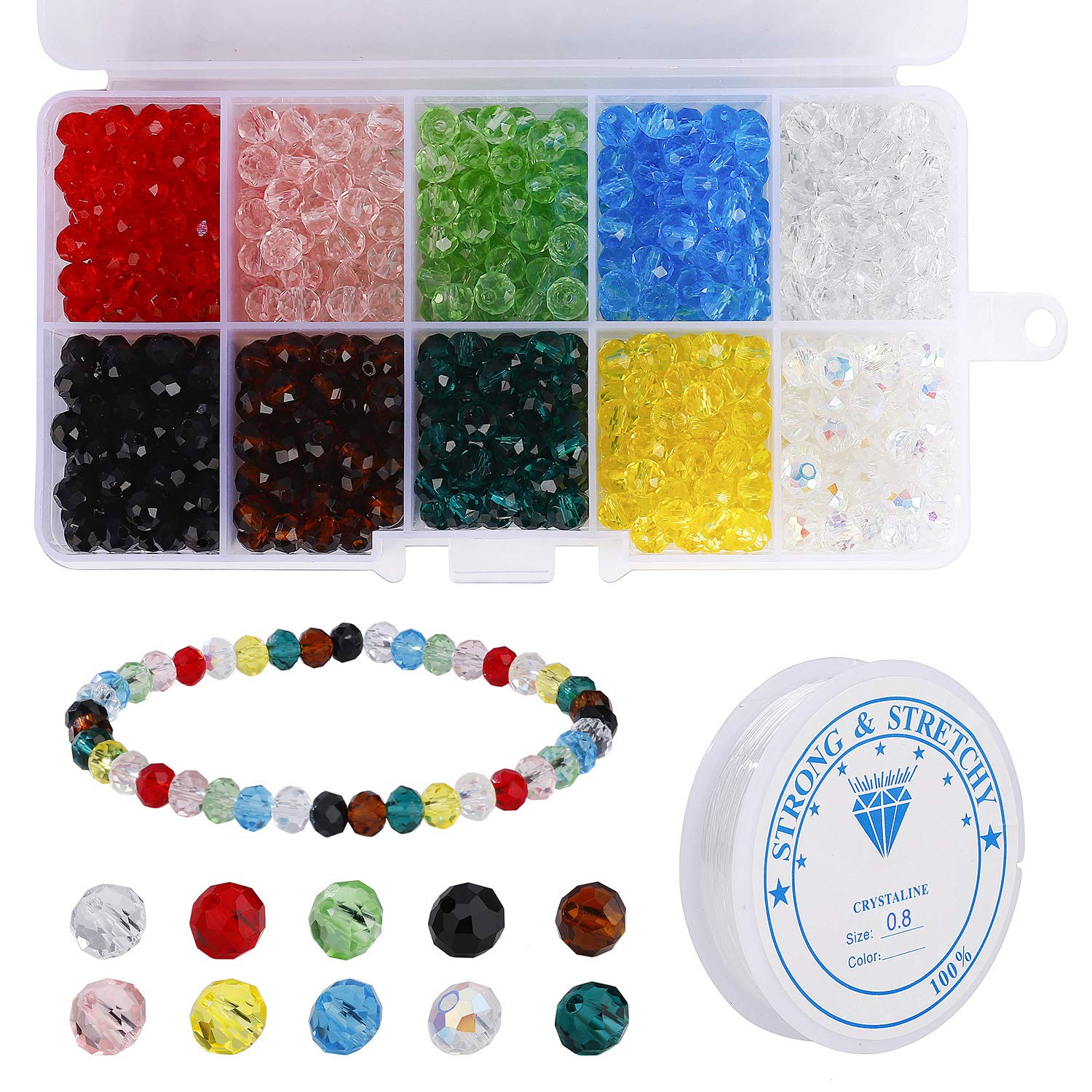 Crystal Beads 10 Colors 6mm Jewellery Beads Rondelle Shape Glass Beads Colourful Spacer Beads with 0.8mm Crystal Elastic Line for Jewelry Making Accessories DIY Bracelet 700 Pieces