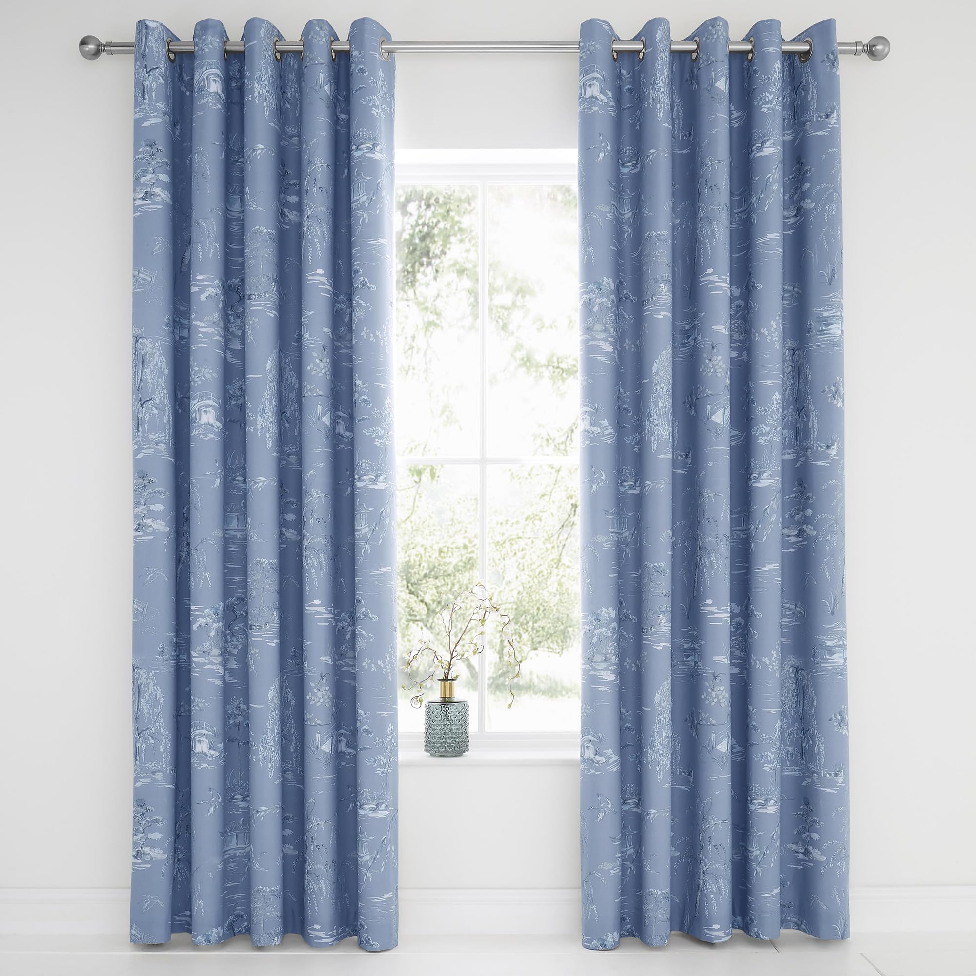 Dreams & Drapes Design - Oriental Garden - Blackout Pair of Eyelet Curtains - 66" Width x 54" Drop (168 x 137cm) in Blue