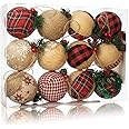 12 Pcs Burlap Christmas Ball Ornaments, 3.15 Inches Rustic Buffalo Plaid Christmas Tree Ornaments, Natural Jute Farmhouse Decorations for Xmas Tree, Holiday, Party