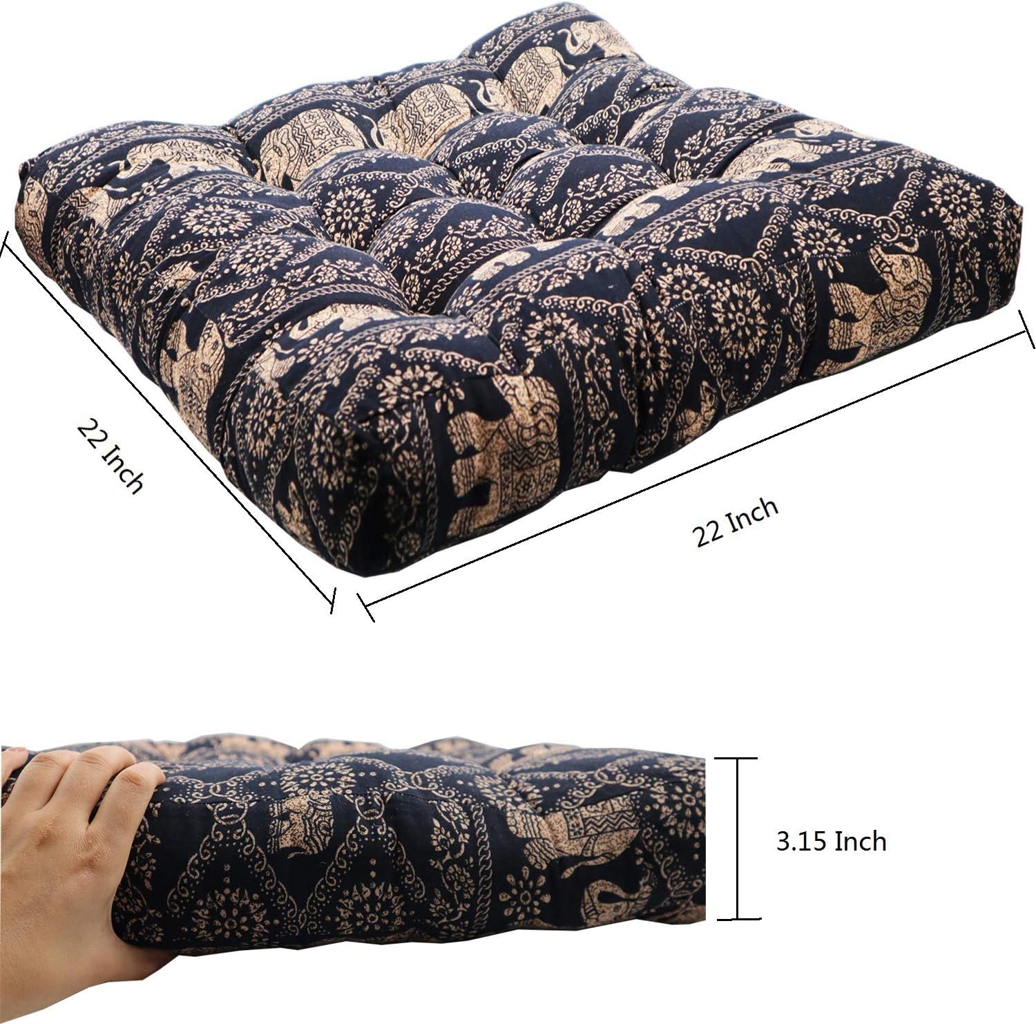 HIGOGOGO Meditation Cushion, Elephant Pattern Mandala Bohemian Style Floor Pillow Round Cotton Linen Boho Indian Seat Cushion Yoga Pillow for Floor Reading Book Bay Window, 22 Inch, Black: Kitchen & Dining