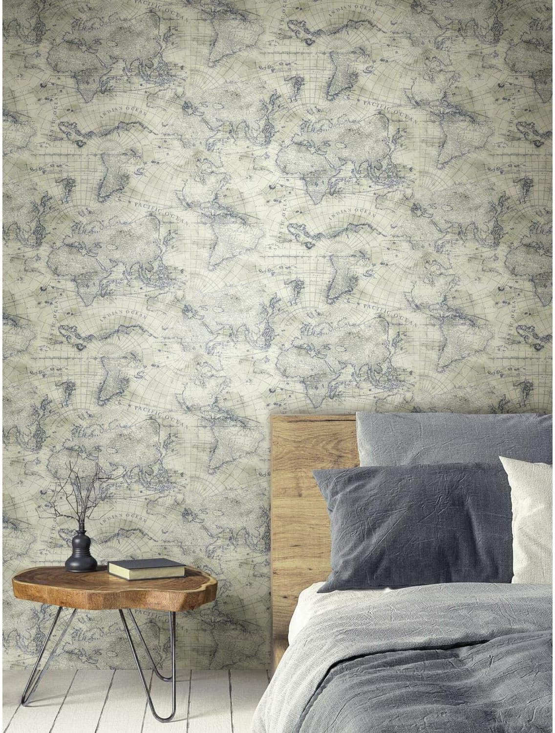 York Wallcoverings PSW1132RL Coastal Map Blue & Beige Premium Peel and