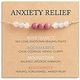 HGDEER Anxiety Relief Crystal Bracelet for Women - 4 Natural Healing Stones with Meaningful Card - Rose Quartz Moonstone Aquamarine Rhodonite Gift