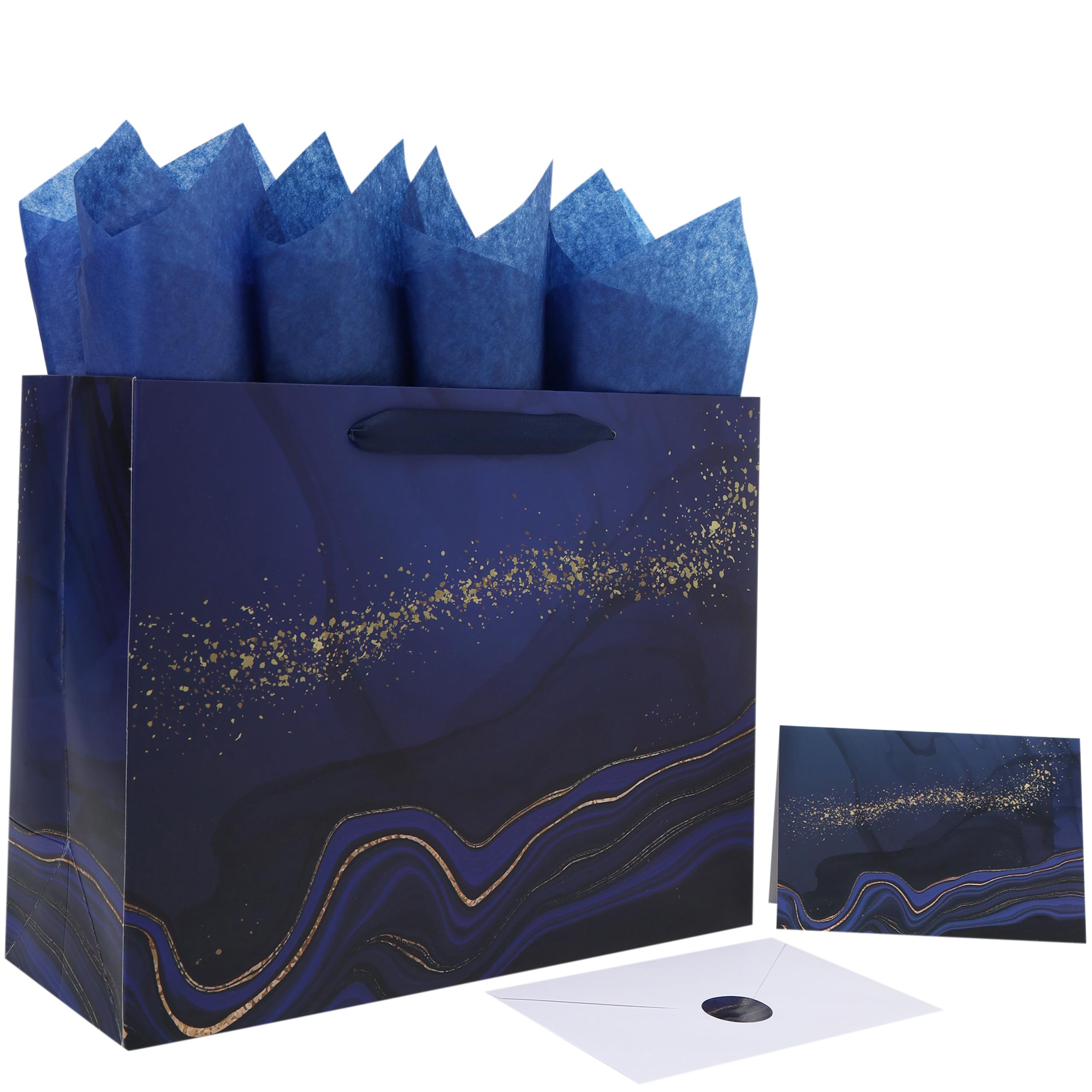 Photo 1 of 13'' Large Blue Marble Gift Bag Set with Handles, Greeting Card, Tissue Papers and Stickers for Men Boys Kids for Birthdays, Fathers Day, Graduations, Christmas, Baby Showers, Marble Design, 1 Pcs