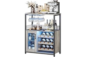 Klysiora Bar Cabinet with LED Lights Removable Wine Storage Cabinet with Extra Storage Industrial Sideboard and Buffet with Glass Tray and Mesh Doors Gray