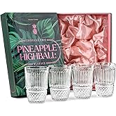 GLASSIQUE CADEAU Vintage Pineapple Gin and Rum Highball Cocktail Glasses | Set of 4 | 12 oz Tall Heavy Crystal Tumblers for Drinking Long Bar Drinks | Tropical Glassware Collection