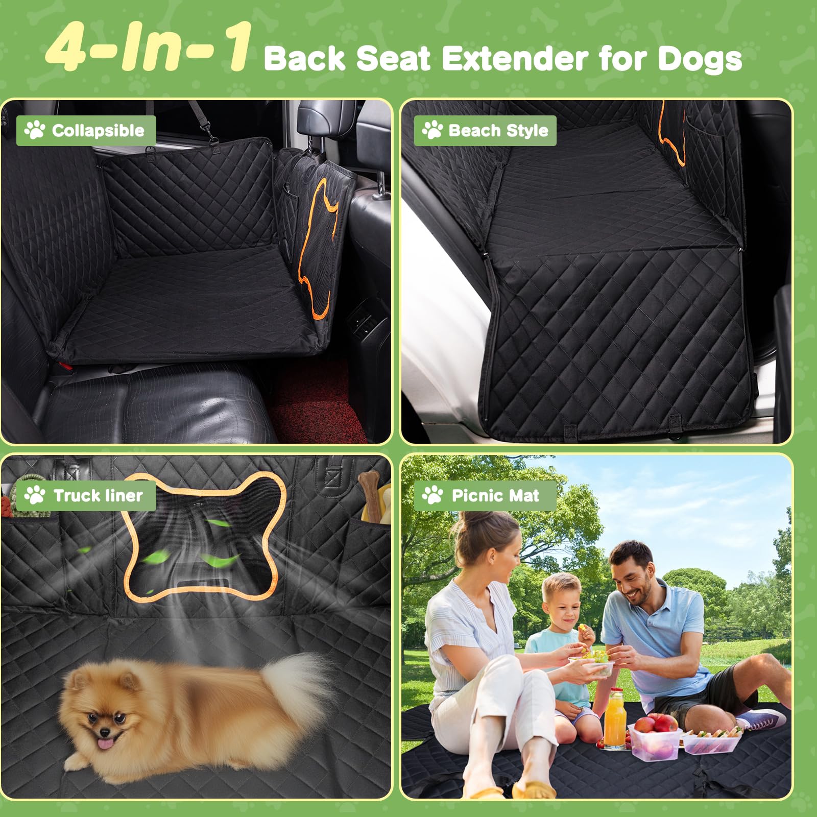 Happept Extender Dog Car Seat Cover with Hard Bottom Dog Car Seat Bed, Car Back Seat Protector Waterproof Dog Hammock for Car Dog Car Bed for Car, SUV, Truck, Travel (Black, M)