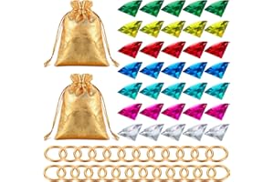 Chalyna 60 Pcs Acrylic Diamond Gem Jewelry Alloy Gold Round Ring Set Halloween Party Favor Pirate Treasure Hunting Cake Decor with Gift Bag for Birthday (Bright Style)