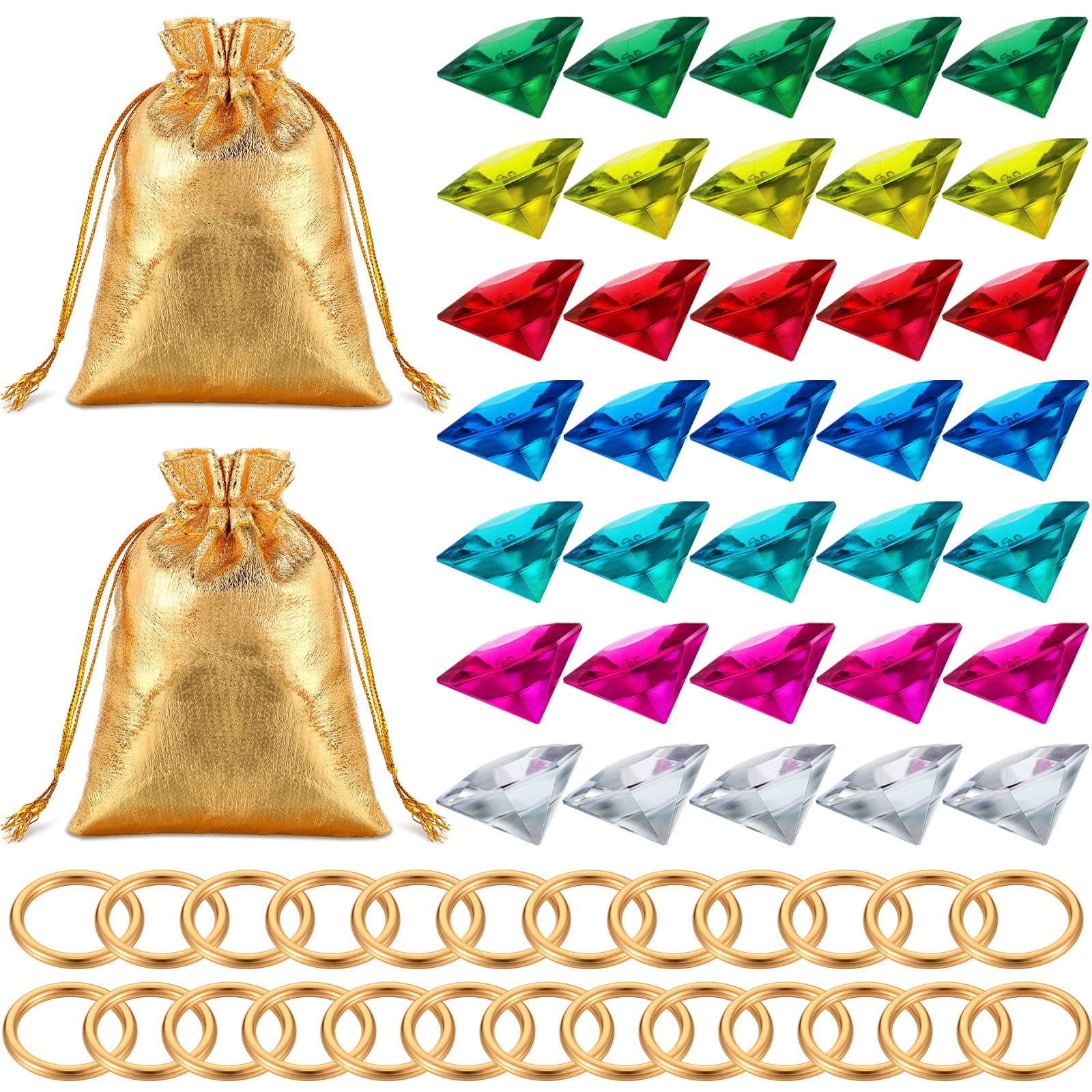 Photo 1 of Chalyna 60 Pcs Acrylic Diamond Gem Jewelry Alloy Gold Round Ring Set Halloween Party Favor Pirate Treasure Hunting Cake Decor with Gift Bag for Birthday (Bright Style)