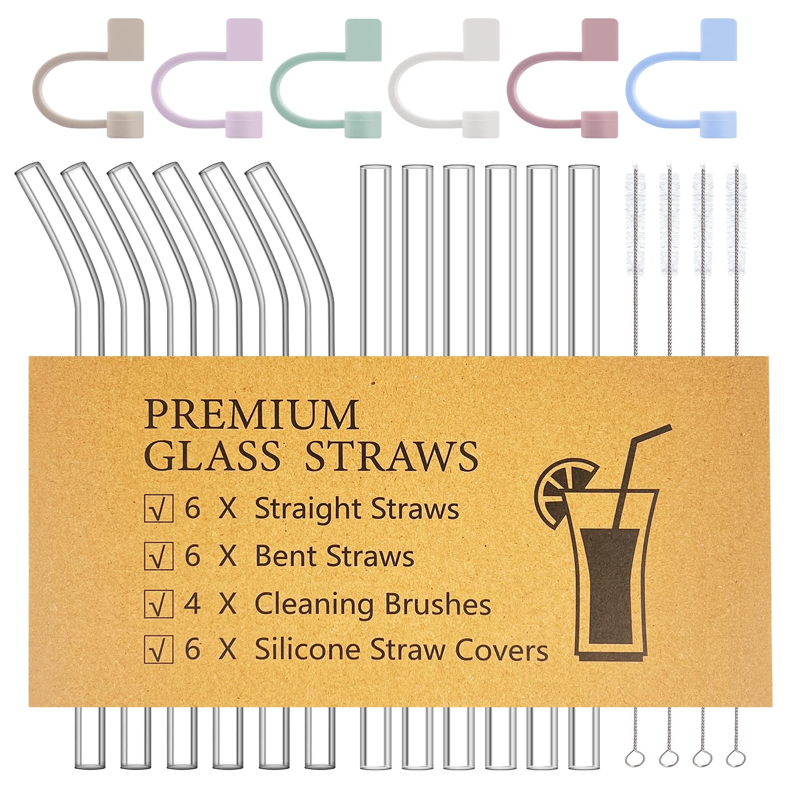 Photo 1 of 22 PCS Reusable Glass Straws - 6 Straight & 6 Bent Straws (8.5''x0.4") with 4 Cleaning Brushes & 6 Silicone Straw Covers