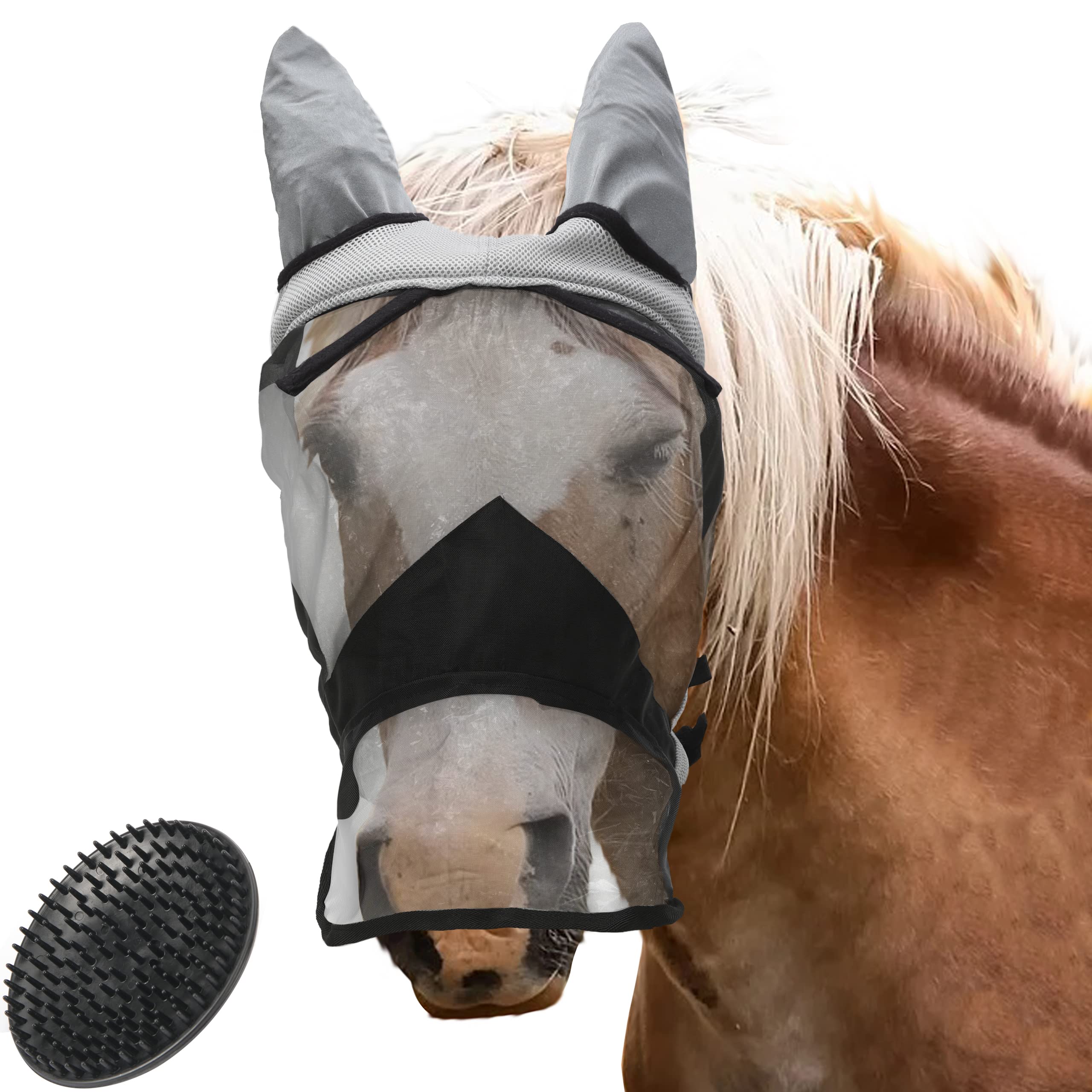 valuents Fly Mask for Horses in Grey - Fly Hood - Nostril Protection - UV Protection - Available in 4 Sizes for Pony + Plus Horse Brush