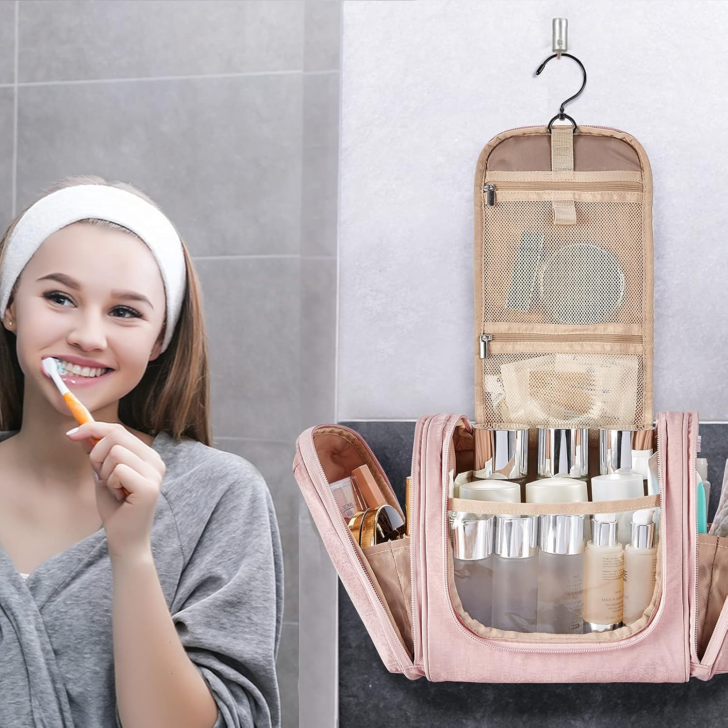 Hanging Toiletry Bag, BAGSMART Travel Toiletry Organizer with hanging hook, Water-resistant Cosmetic Makeup Bag Travel Organizer for Shampoo, Full Sized Container, Toiletries, Pink