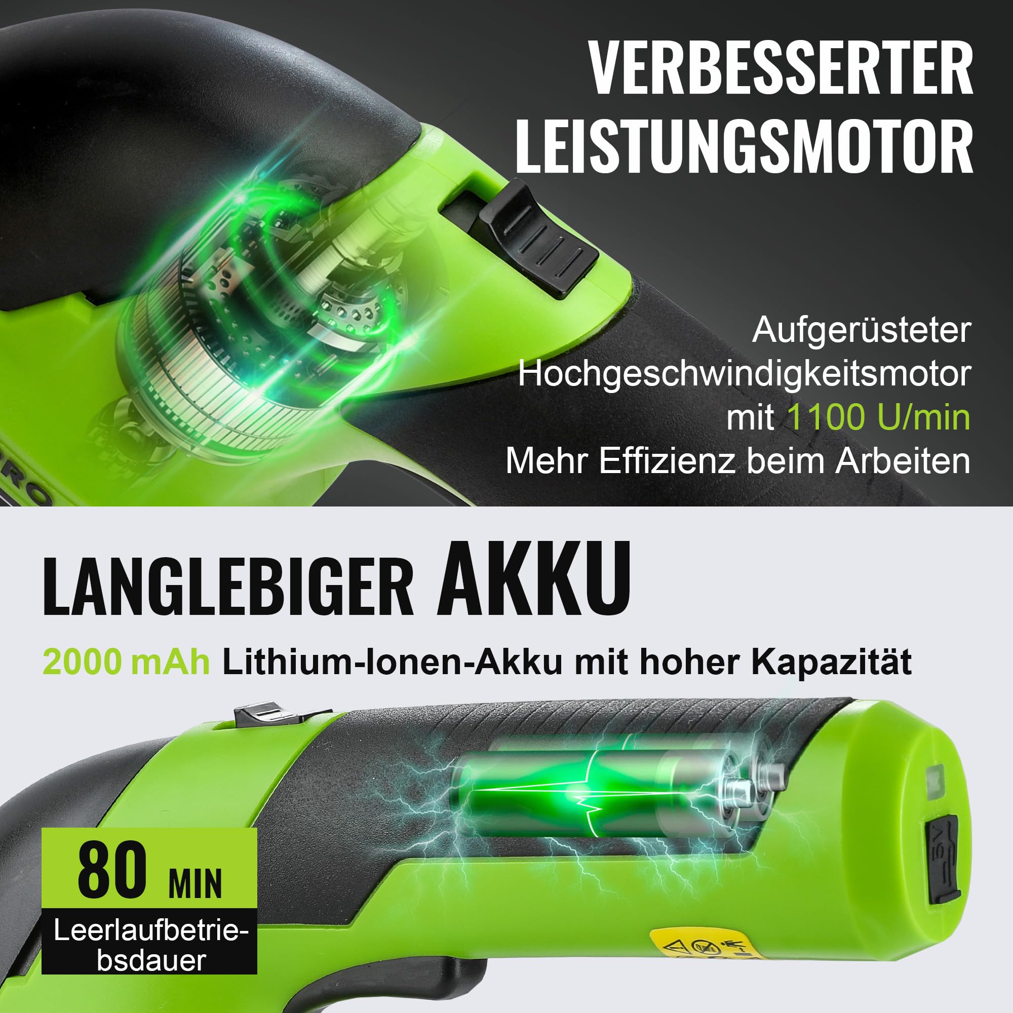 WORKPRO Gartenschere Akku 7,2V Grün, Handliche Grasschere Elektrisch 4