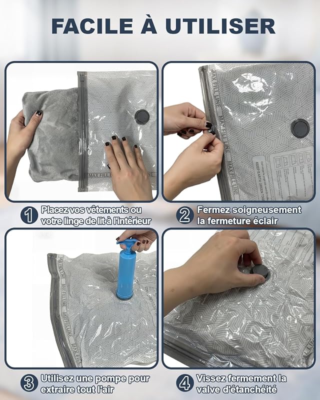 Sac sous Vide Vetement Aspirateur avec Pompe Manuelle, 4 Sac de Rangement sous (4 * 50x40cm), Vide Voyage, Déménagement