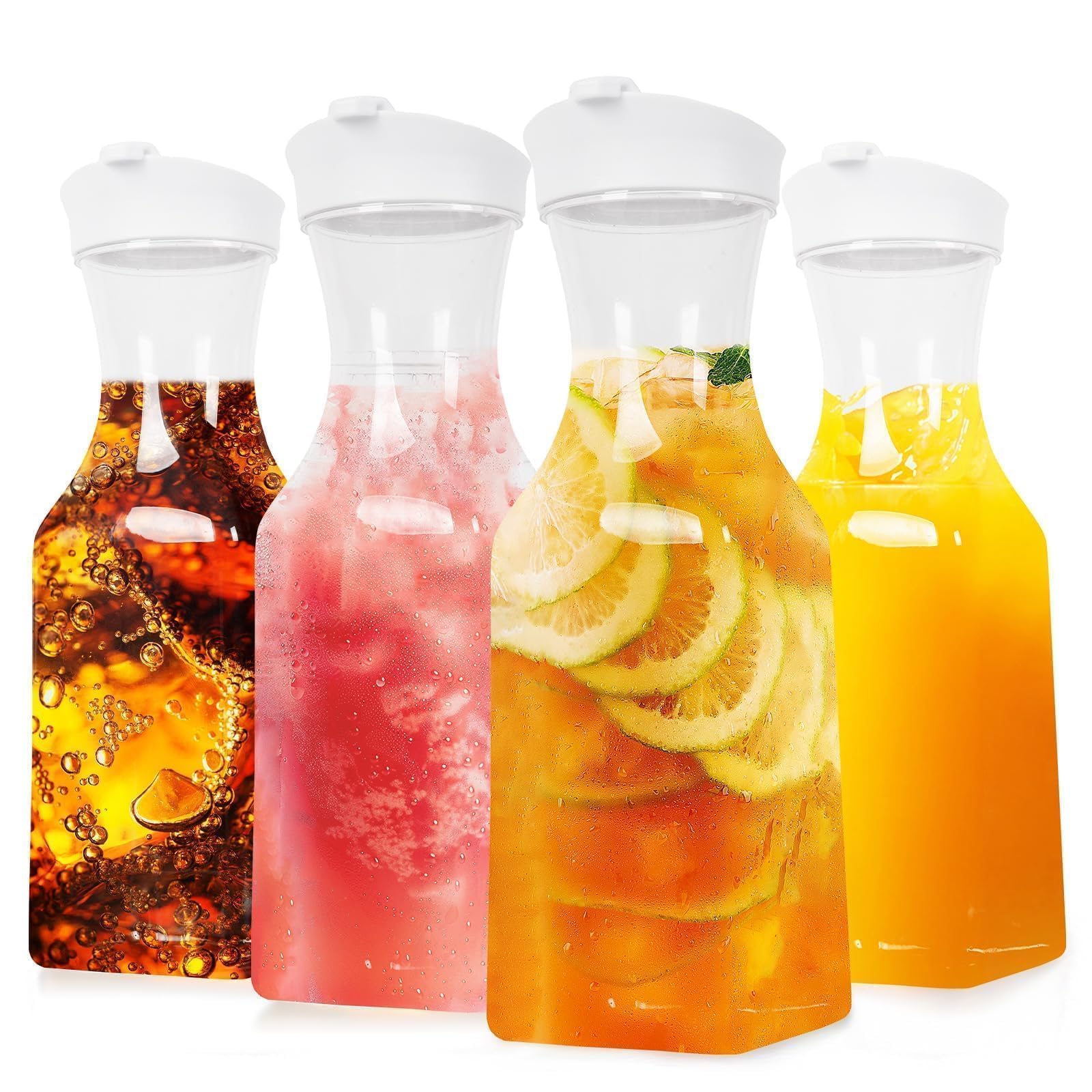 Photo 1 of Set of 4 Plastic Carafe with Lid, 1 Liter Mimosa Bar Supplies, Large Square Base Juice Containers, Water Bottle, Milk Container, Clear Beverage Containers for Fridge - HAND WASH ONLY