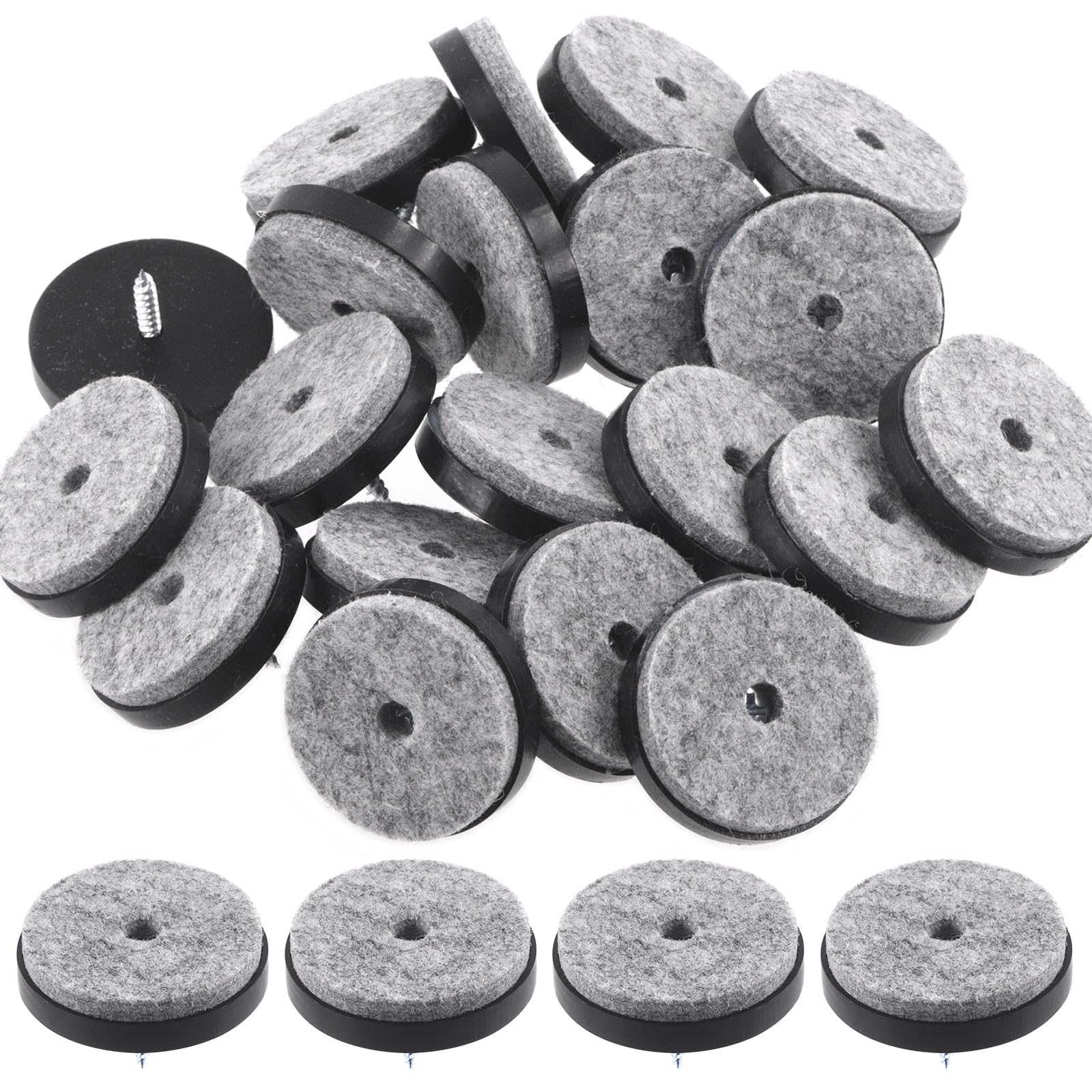 Keadic 20Pcs Screw-on Furniture Felt Pads Bulk Set, 1-1/2"(38mm) Dia Round Slider Glide Floor Protector for Wooden Furniture Chair Tables Leg Feet (Black)
