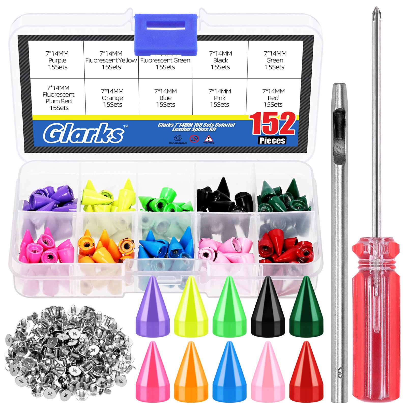 Glarks 150 Sets Colorful Cone Spikes Studs Kit, 14mm Punk Bullet Cone Studs and Spikes, Leather Metal Tree Screw Back Rivets for Leather Craft Clothing Shoes Belts Bags Pet Collars DIY Accessories