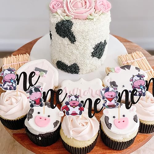 24 PCS Cow One Cupcake Toppers Farm Animal First Birthday Cow