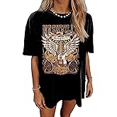 Nashville Music City T-Shirt Women Country Music Oversized Shirts Rock Band Tshirt Vintage Guitar Wings Graphic Tees(Black,Medium)