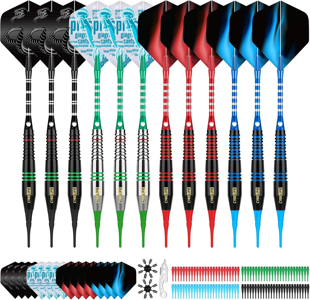 CyeeLife Darts Plastic Tip Soft Tip Darts Set 12 Pcs 18g with 4 Colors Shafts