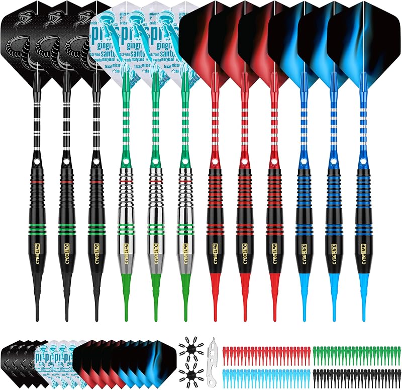 CyeeLife Darts Plastic Tip Soft Tip Darts Set 12 Pcs 18g with 4 Colors Shafts
