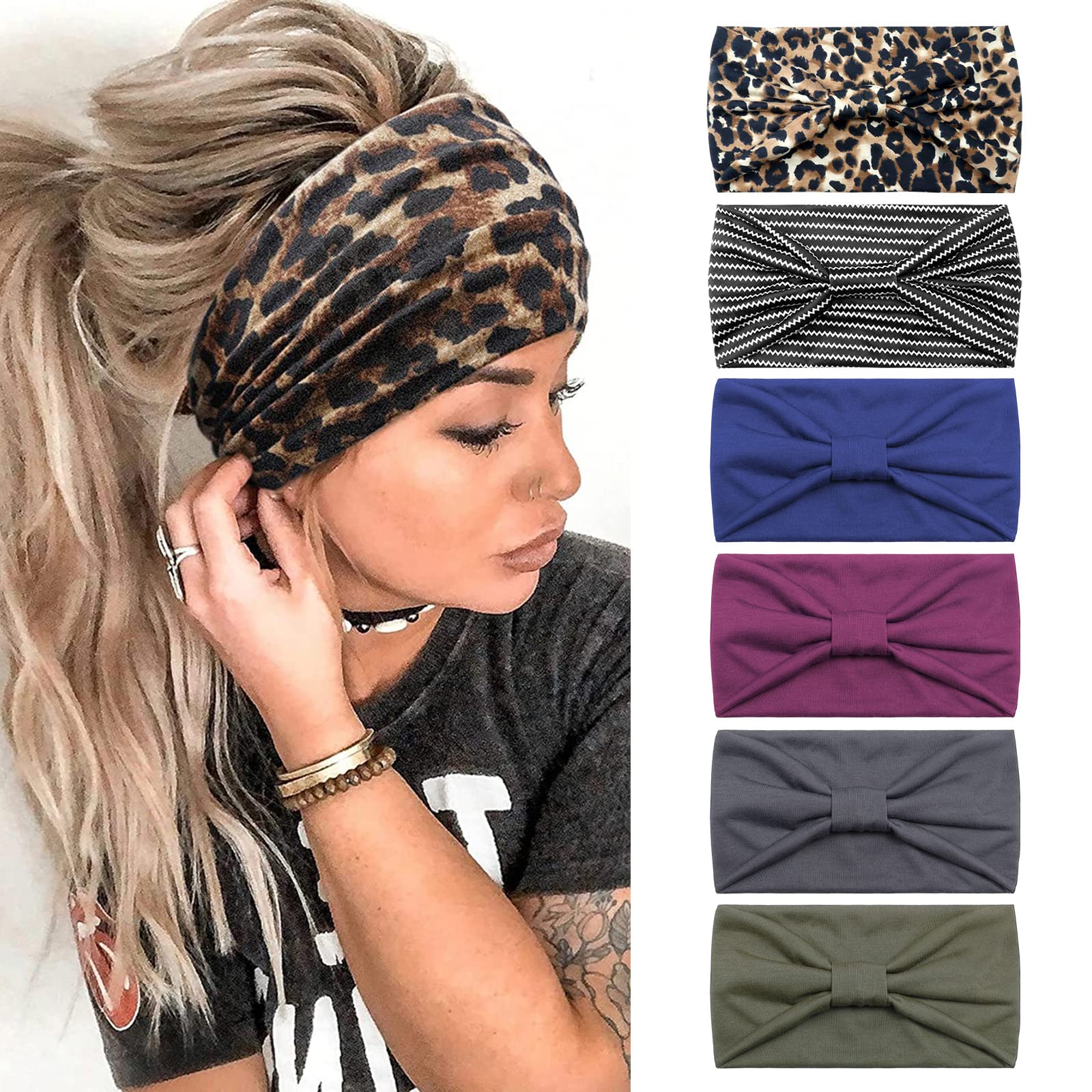 Kavya Women's Hair Bands UK, Wide Soft Ladies Boho Headbands, Leopard Print Bandanas, Adult Scarfs, Elastic Fashion Yoga Hair Bands (6 Pcs)