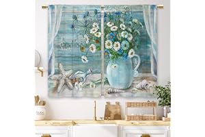 Laifzere Blue Daisy Flower Kitchen Curtains Floral Beach Coastal Small Short Cafe Window Curtains Vase Starfish Rod Pocket Bathroom Window Drapes Treatment Tier Curtains 2 Panels (27.5x39 Inch)