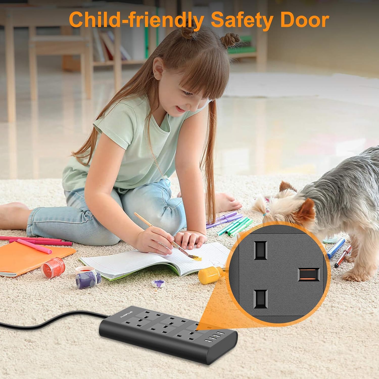 6 Way Extension Lead 5M, AUOPLUS Multi Plug Extension Lead with USB Solts, Overload Protection Power Strip - Image 5