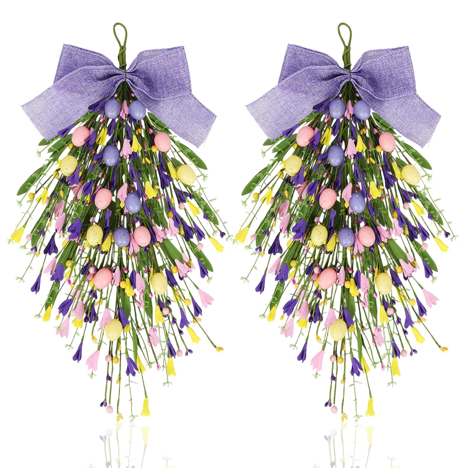 Photo 1 of 2 Pack 24'' Easter Teardrop Swags for Front Door Pastel Easter Eggs Teardrop Wreath Artificial Spring Floral Hanging Swags with Ribbon Berry for Farmhouse Home Outdoor Window Cabinet Wall Decor