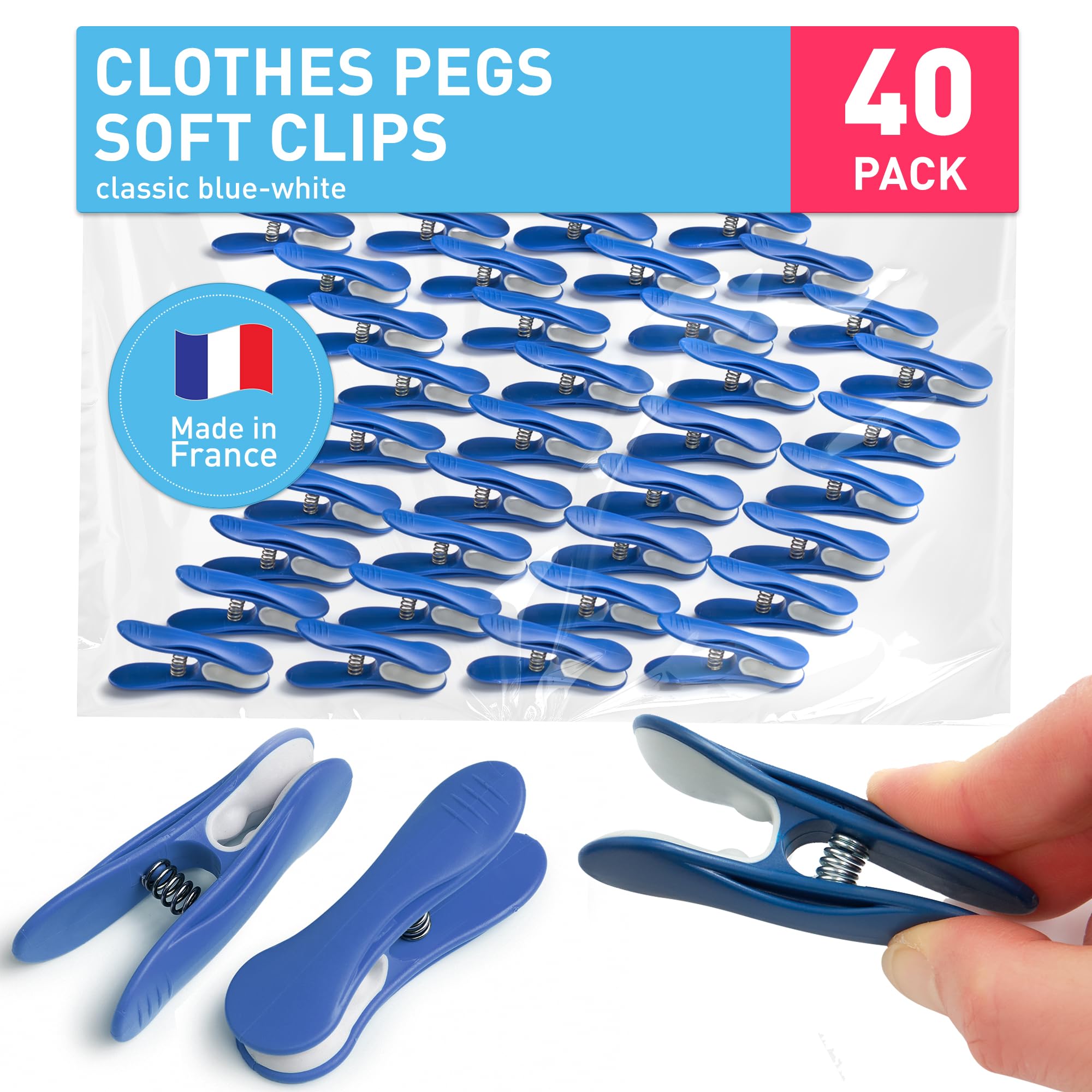 culiclean Clothes Pegs for Washing Line – Strong Soft Grip Washing Pegs Soft Clips – Durable Plastic Laundry Pegs for Indoor and Outdoor Use – Heavy Duty Clothes Clips – 40 Pack – classic blue-white