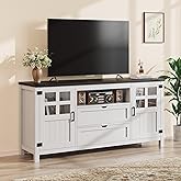 Vividwood Farmhouse TV Stand for 65 70 75 Inch TVs, Entertainment Center with Adjustable Shelves, 2 Barn Doors and Drawers, Storage Media Cabinet for Living Room or Bedroom-White