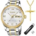 OLEVS Diamond Watches for Men,Business Dress Watch Waterproof Luminous,Male Golden Big Dial Luxury Casual Quartz Analog Watches with Day Date Calendar and Stainless Steel Band