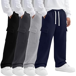 Hyggeweir 4 Pack Boys Cargo Sweatpants for 5-16Y | Straight Leg, Open Bottom, Drawstring Waist, Side Pockets, Athletic Style,