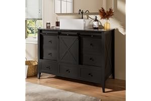 VNN Bathroom Vanity with Sink - 48 Inch Bathroom Vanity with Sink Ceramic, Freestanding Cabinet with Farmhouse Sliding Barn Door and 7 Drawers, Space-Saving Storage Cabinet, Wood Grain Texture, Black