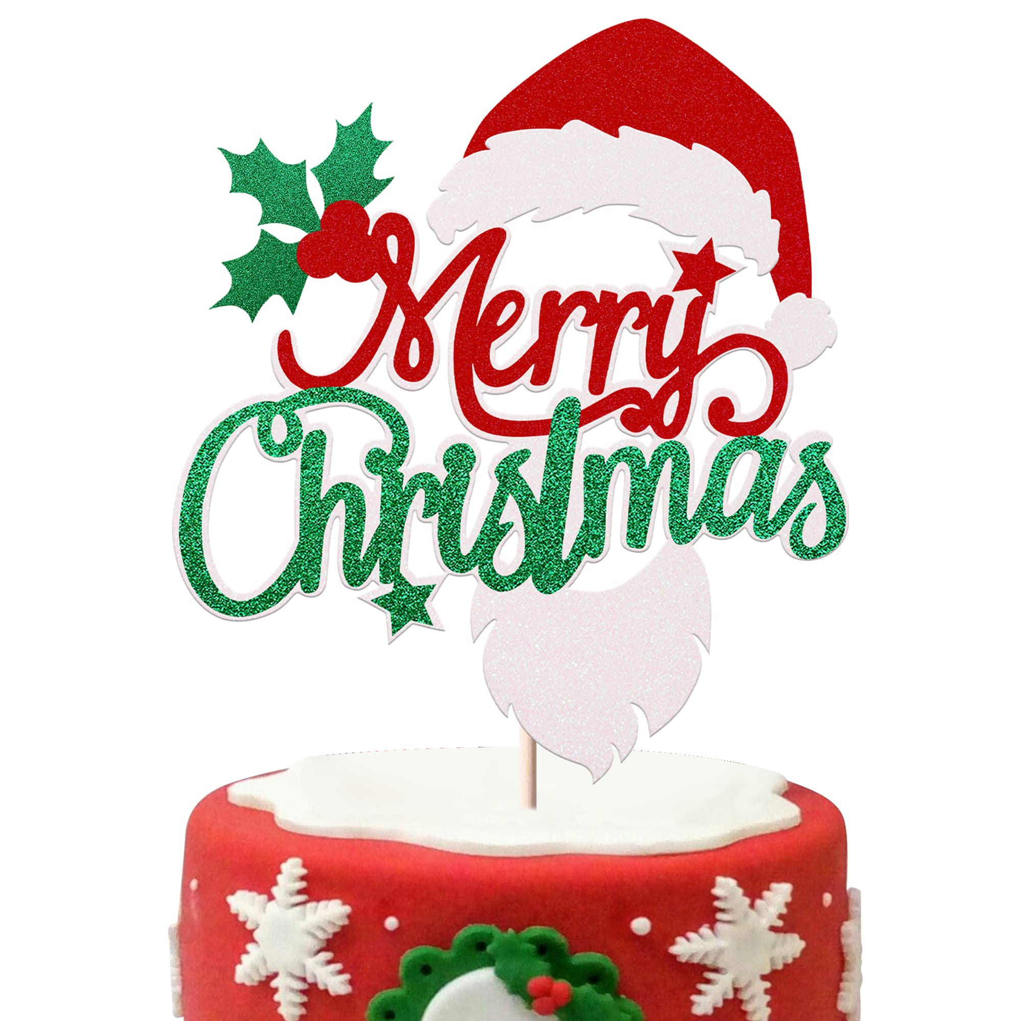 Xsstarmi 1 Pack Merry Christmas Cake Topper Glitter Holly Leaves and Berries Santa Hat Beard Christmas Cake Pick Decorations for Christmas Theme New Year Holiday Party Supplies Multicolor