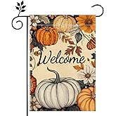 Fall Pumpkin Welcome Garden Flag for Outside 12x18 Inch Double Sided Burlap Autumn Thanksgiving Leaves Flowers Farmhouse Holiday Rustic Outdoor Yard Flag Home Decorations